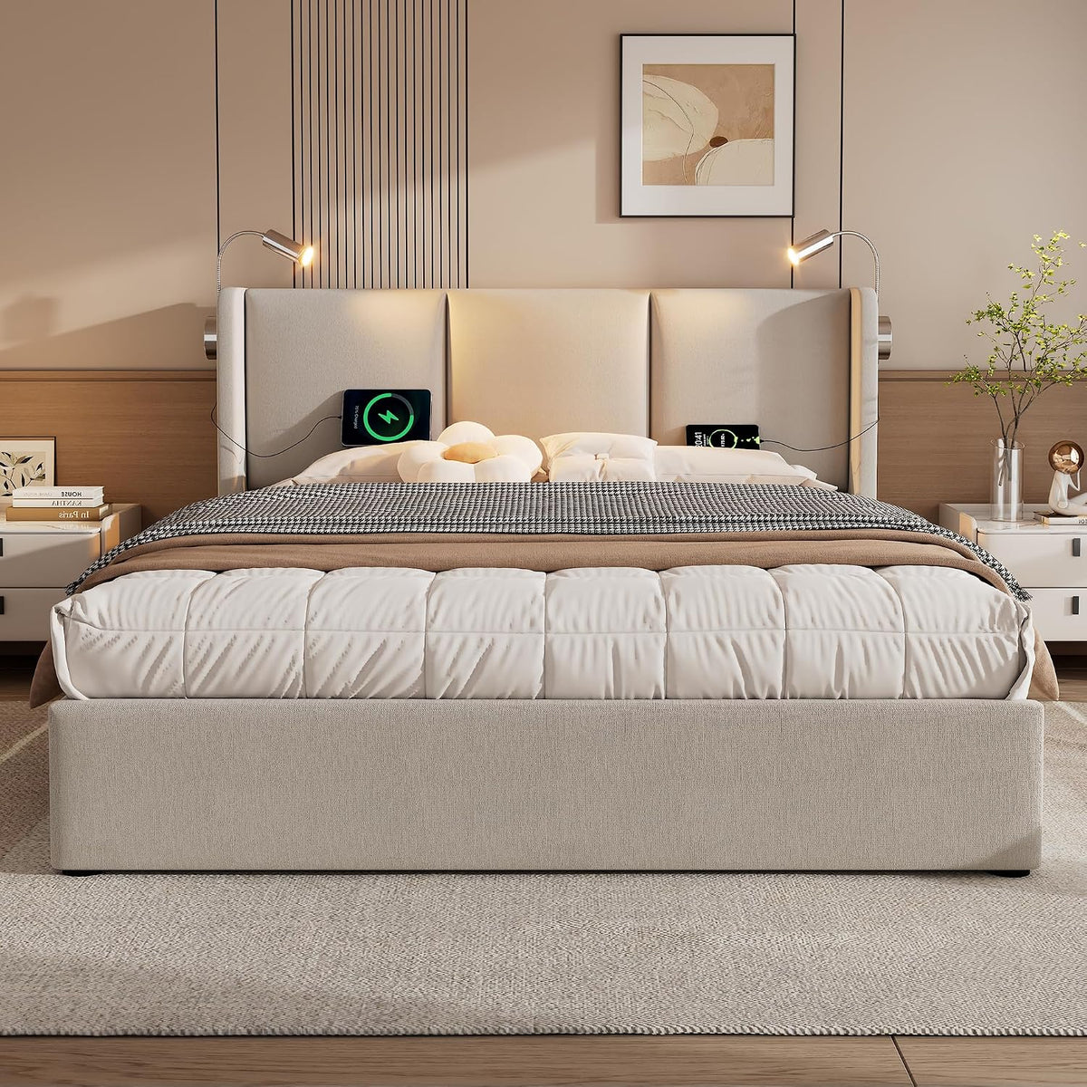 Bett, 160 × 200 cm, mit USB, mit Stauraum, Beige, Bgsryao