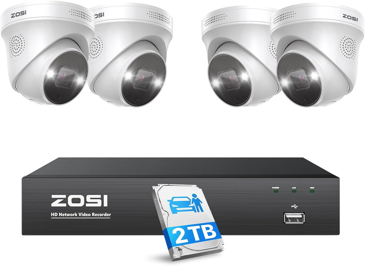 ZOSI 5MP Überwachungs-NVR-Sets, 2 TB, mit KI-Erkennung, Weiß/Schwarz