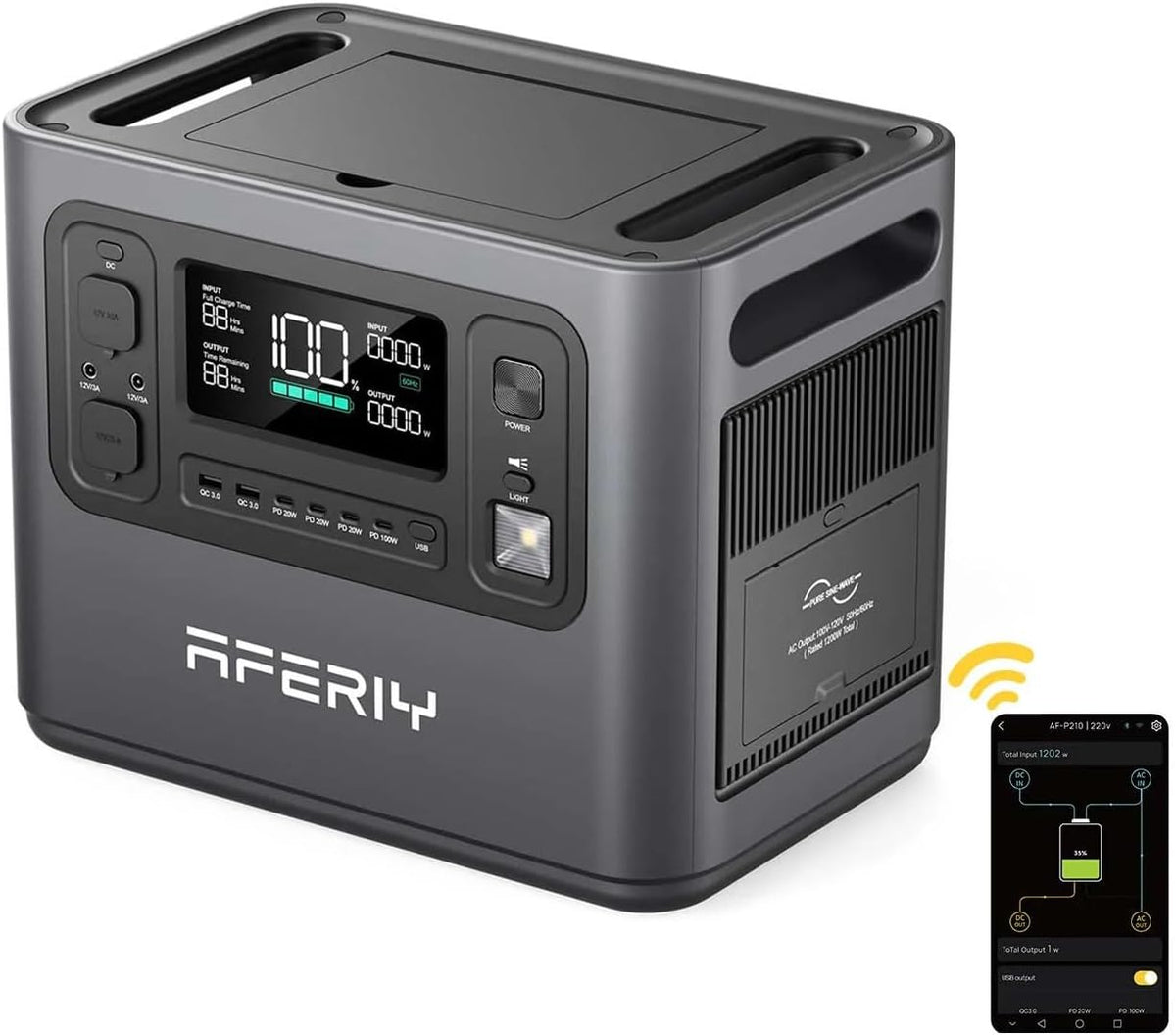 AFERIY LiFePO4 Stromerzeuger, 2400 W, 230 V, 2048 Wh, mit LED, für Camping, Schwarz/Grau