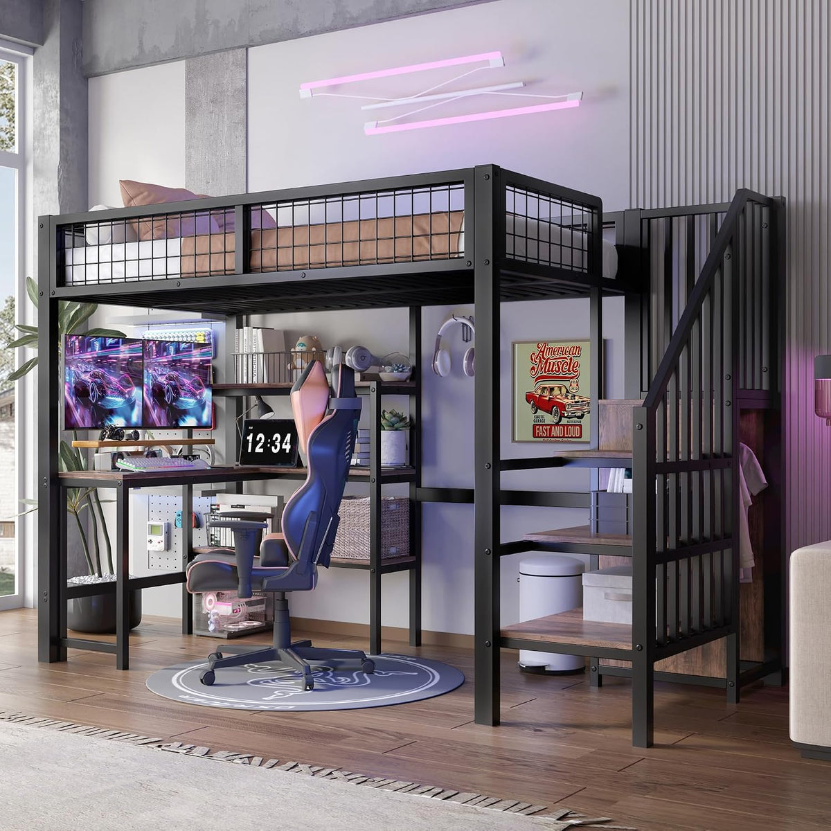 Bett, 90 × 200 cm, aus Metall, mit Stauraum, Schwarz, Jovify