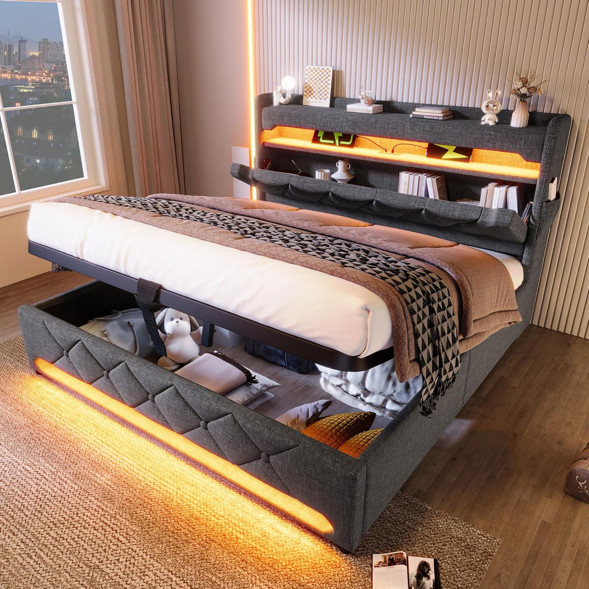 Bett, 160 × 200 CM, mit LED, mit USB, mit Stauraum, Grau, Oxtao