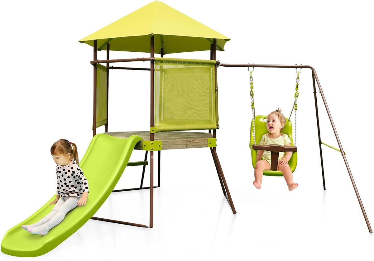 COSTWAY Spielturm Klettergeräte & Schaukeln, mit Sonnenschutz, höhenverstellbar, für den Garten, Grün/Braun