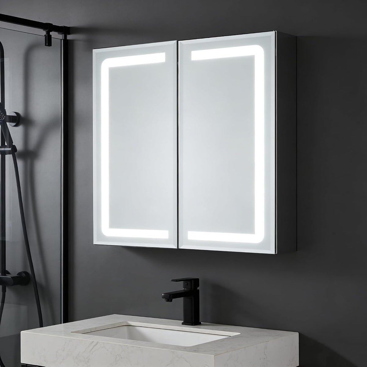LOMIKEN x65x13cm Spiegelschränke, 65 × 65 × 13 cm, mit LED, wasserdicht, verstellbar, mit Stauraum, Weiß/Grau