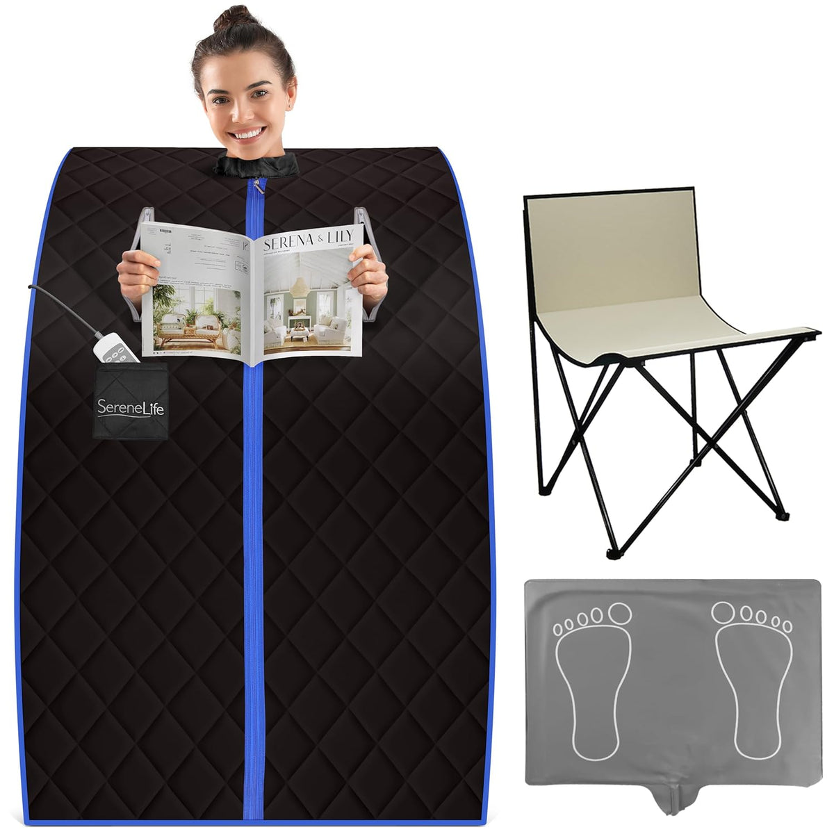 Sauna, 70 × 80 × 98 cm, 60 °C, klappbar, mit Fernbedienung, Schwarz/Blau/Beige/Grau, SereneLife