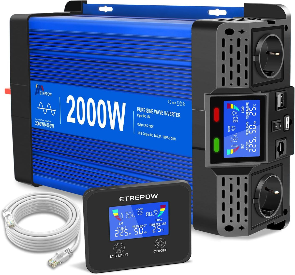 ETREPOW Wechselrichter, 2000 W, 4000 W, 12 V, mit Fernbedienung, mit USB, für Camping, Blau/Schwarz