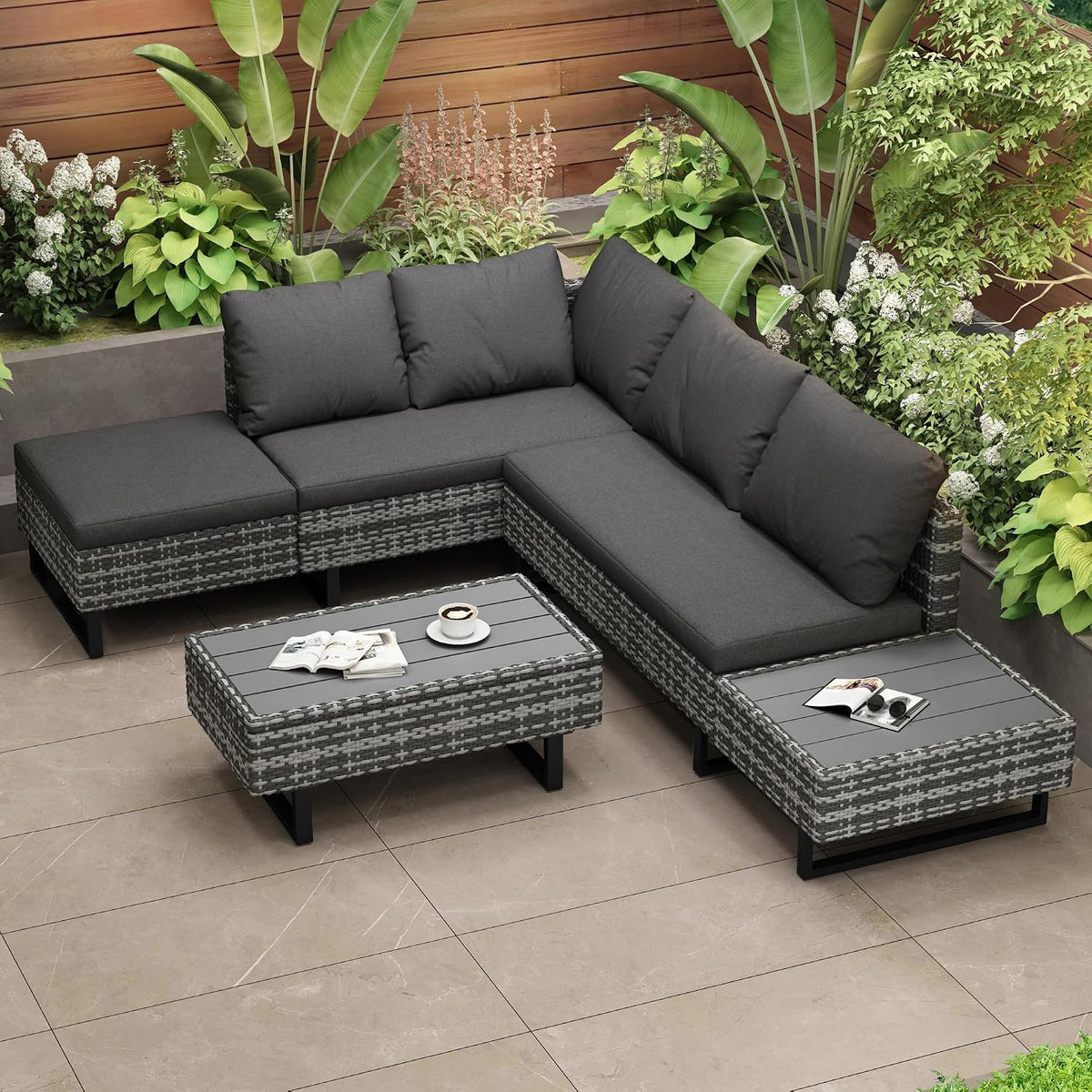 Gartenmöbel-Set Poly Rattan, aus Polyrattan, für den Garten und die Terrasse, Grau/Schwarz, Dolamaní