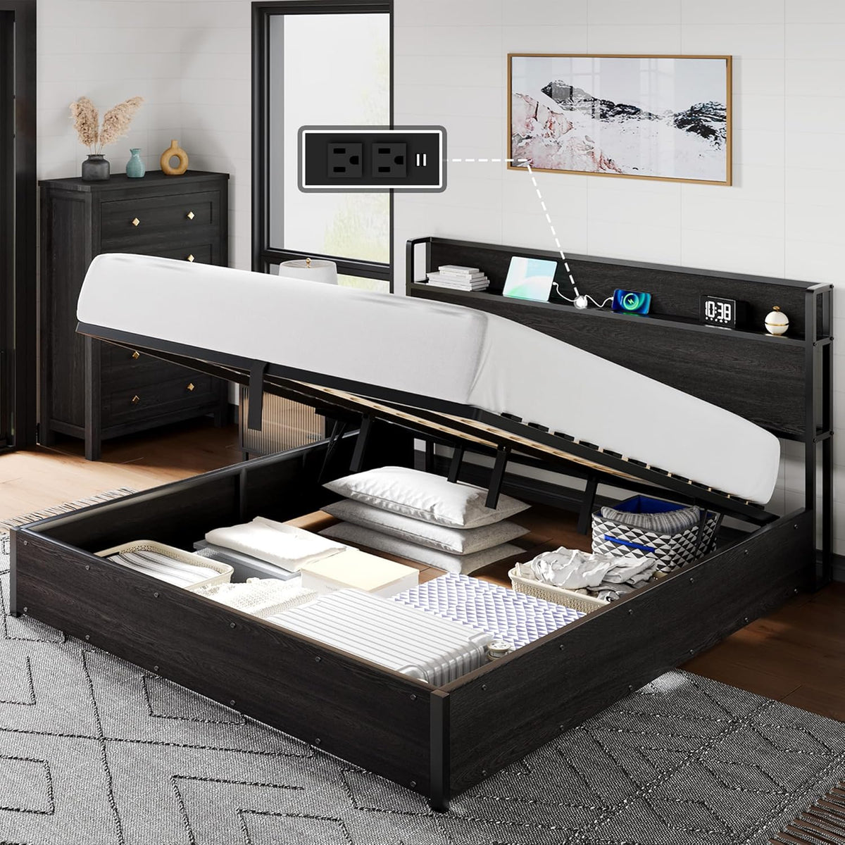Bett, 160 × 200 cm, mit Stauraum, Schwarz, LUXOAK