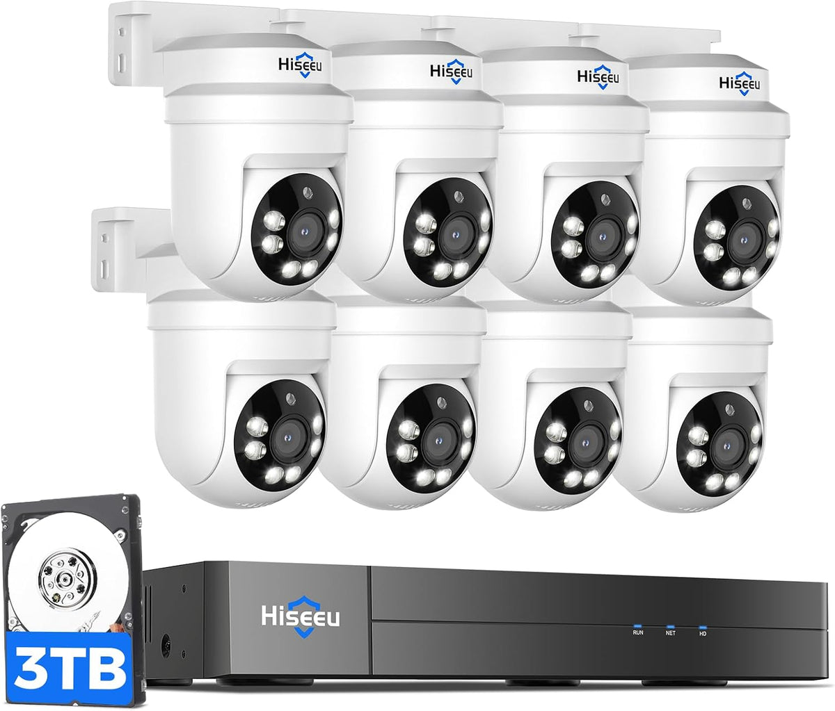 Hiseeu IP67 Surveillance DVR Kits, 3 TB, mit App-Steuerung, mit Fernbedienung, Weiß/Schwarz