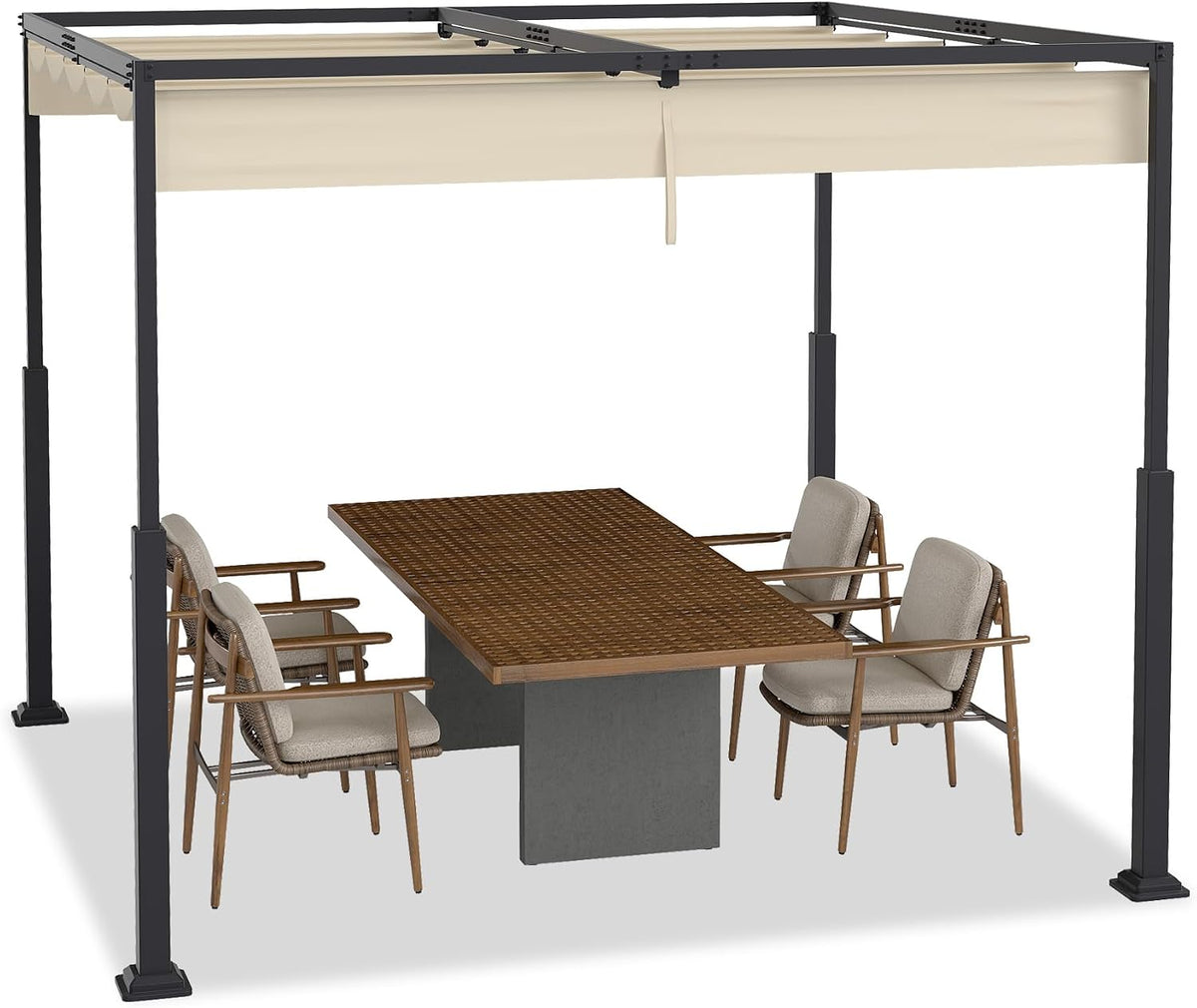 Pergola, 3 × 3 m, mit Schiebedach, mit Magnetverschluss, für den Garten und die Terrasse, aus Stahl und Metall, Beige, AufuN