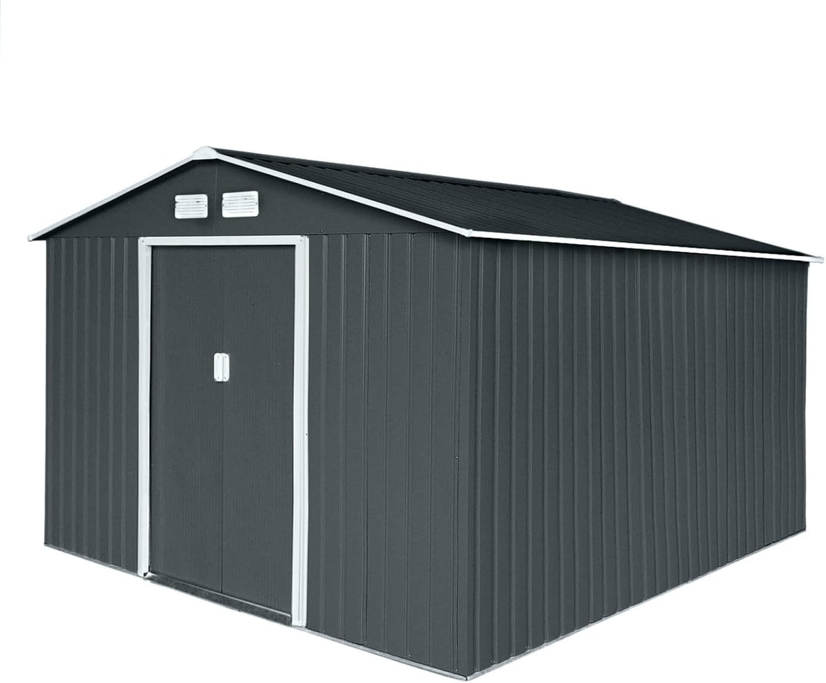 Gerätehaus S300, 277 × 319 × 192 cm, aus Metall, mit Vorhängen, für den Garten, Anthrazit/Dunkelgrau, HATTORO