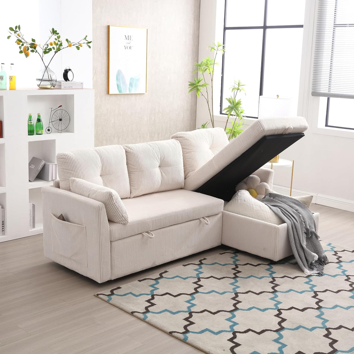 Sofa, mit Stauraum, für das Wohnzimmer, aus Stoff, Beige, Sapgaks