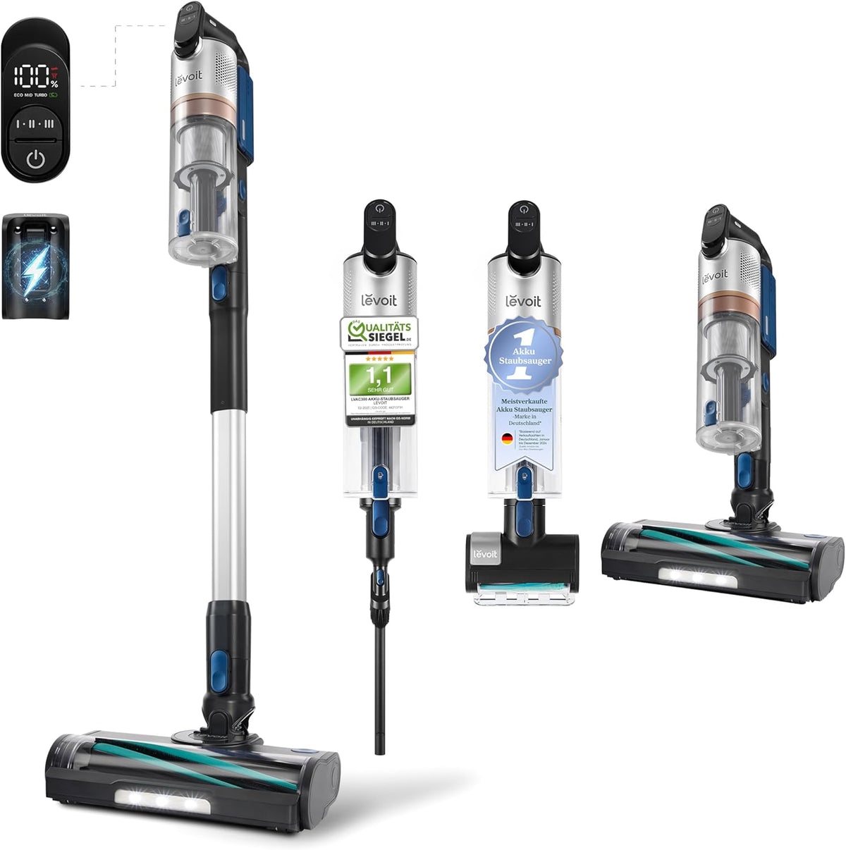 Levoit Hartböden/Auto-LVAC-300 Staubsauger, kabellos, mit LED, Silber/Blau/Schwarz