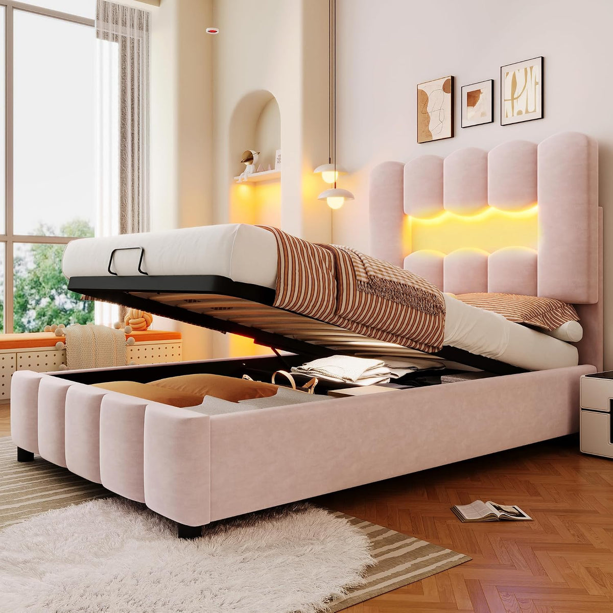Bett, 90 × 200 cm, verstellbar, mit LED, mit Stauraum, Rosa, Jovify