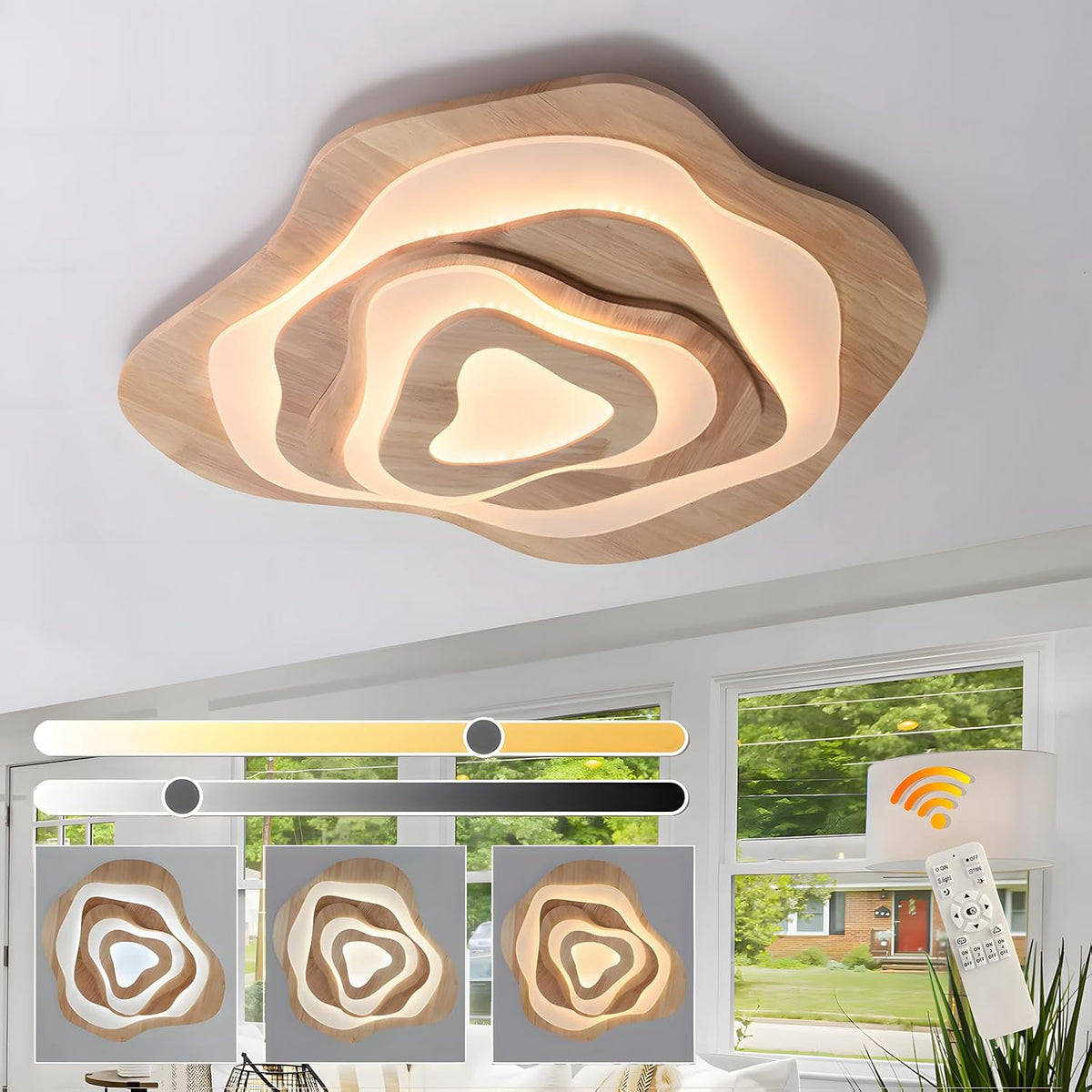 Deckenleuchten, 65 W, mit LED, mit Fernbedienung, für das Wohnzimmer und das Büro, Holz/Weiß, WayLuoung