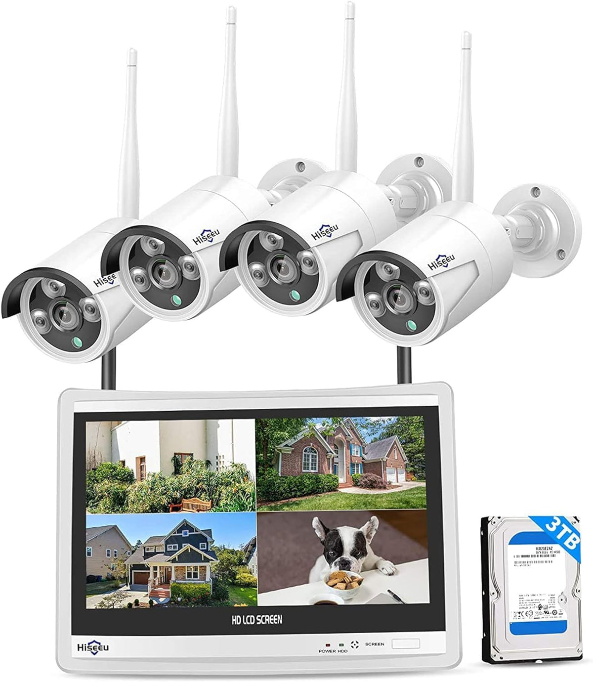 Bullet Cameras IP65, 3 TB, 2.4 G, mit WLAN, mit Fernbedienung, Weiß/Schwarz, Hiseeu
