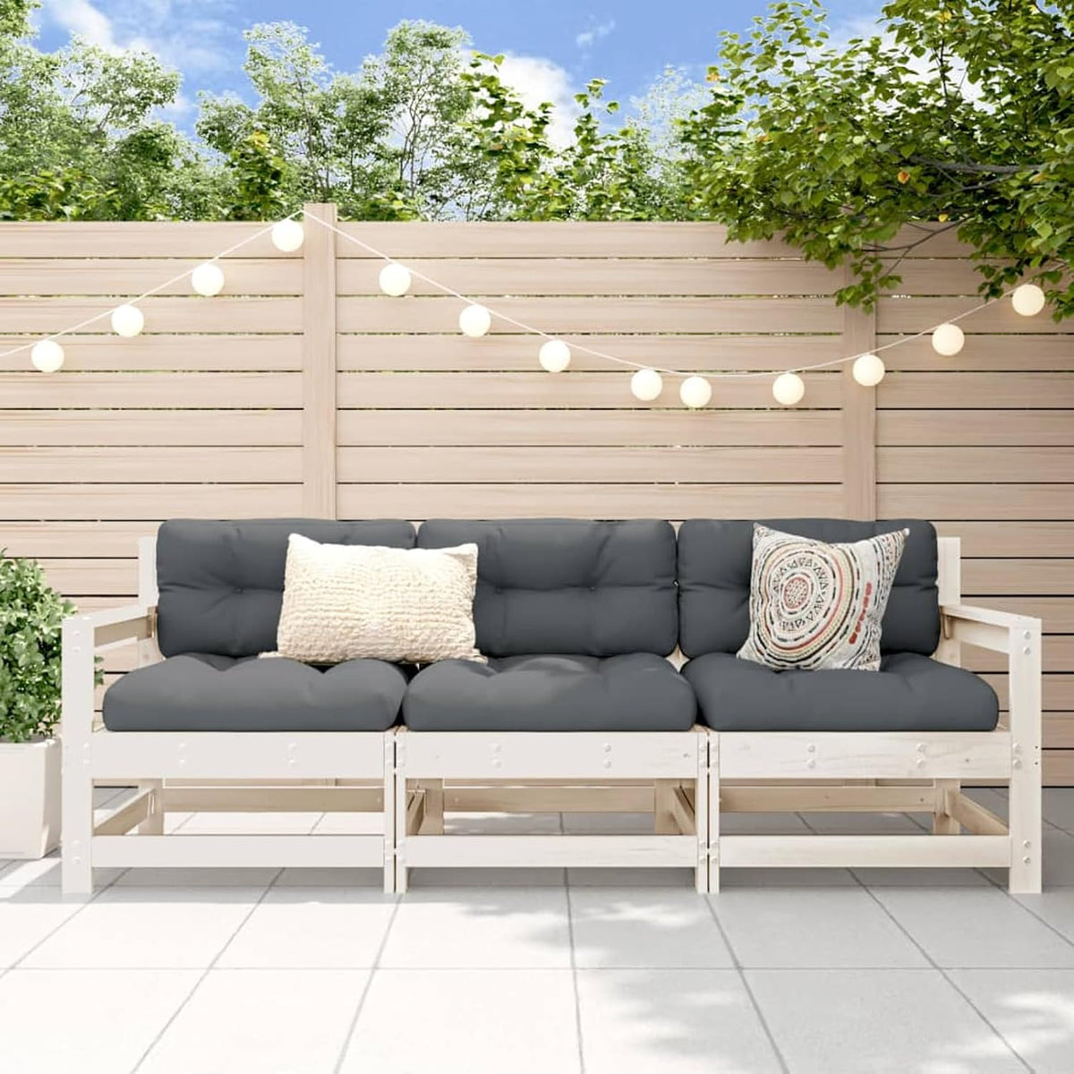 Gartenmöbel-Set, aus Massivholz und Polyrattan, für den Garten und die Terrasse, Weiß/Grau, ATOMSTACK MAKER