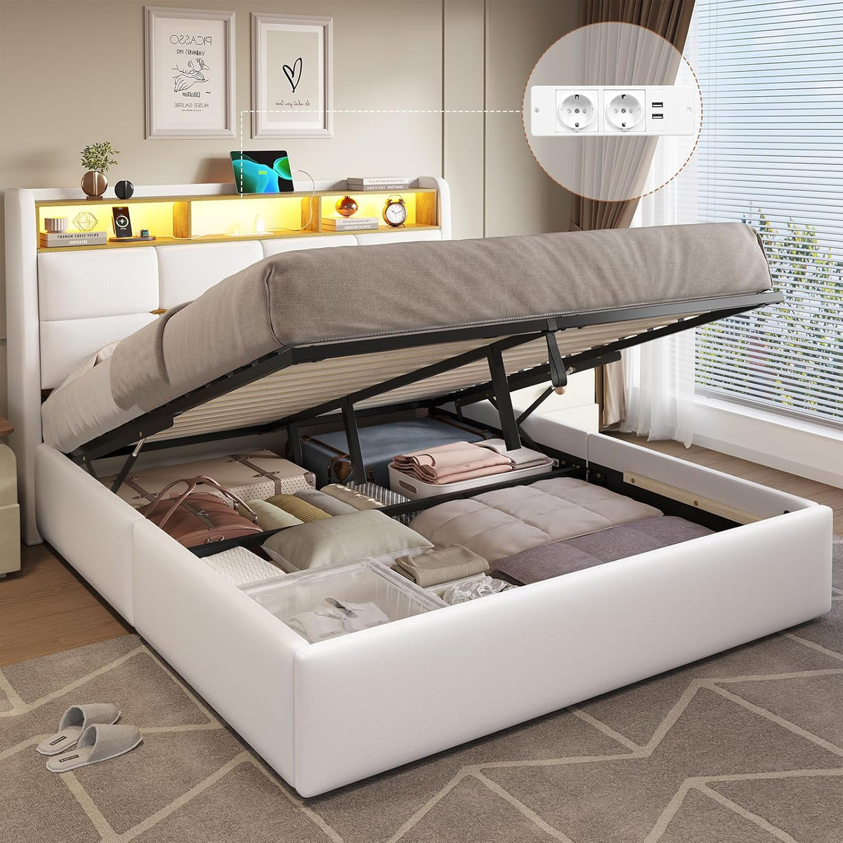 Bett, 160 × 200 cm, mit LED, mit USB, mit Stauraum, Weiß/Beige, DICTAC