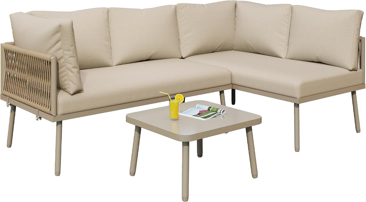 Gartenmöbel-Set, 10 cm, verstellbar, aus Polyrattan und Glas, für den Garten und die Terrasse, Beige, staronce