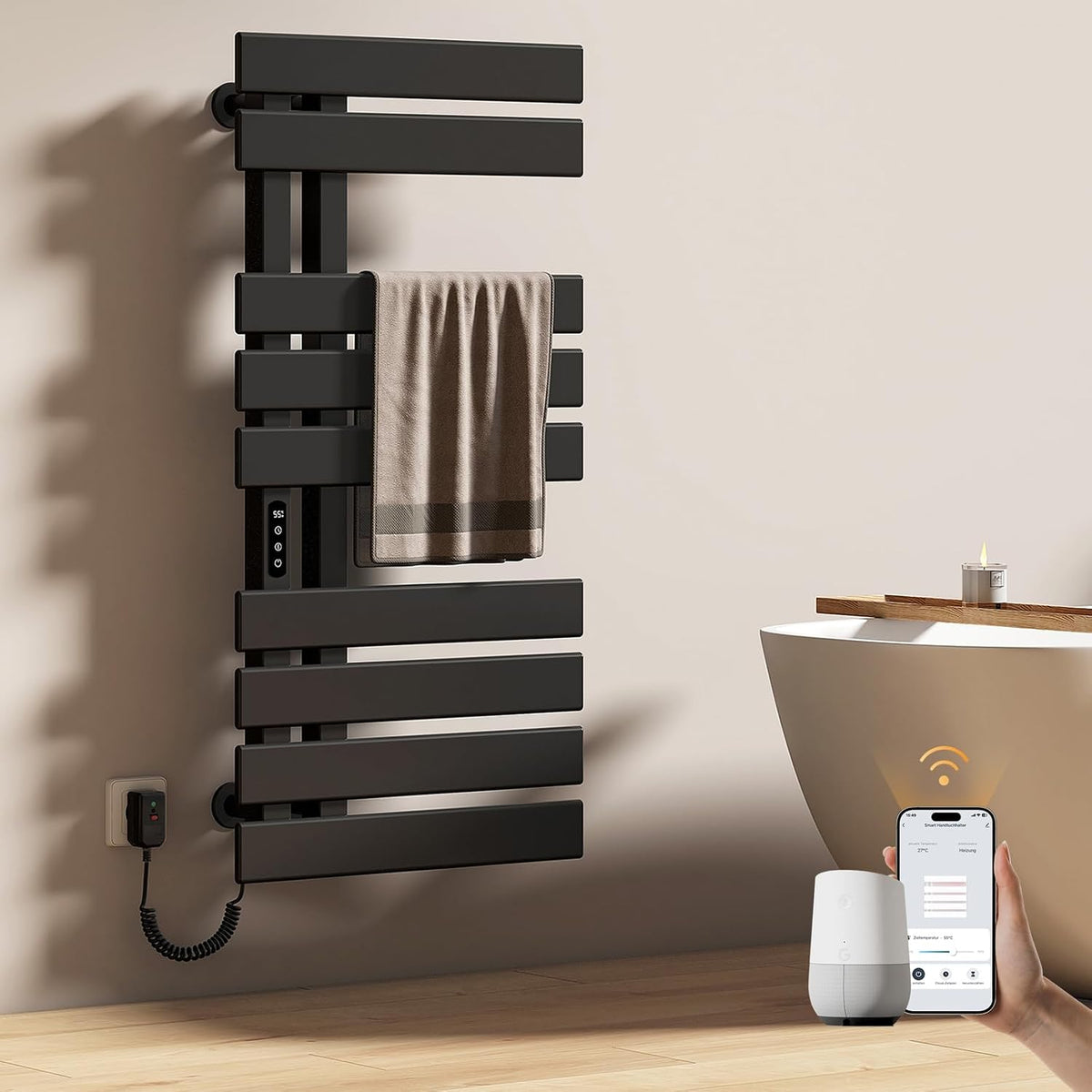 EMKE Heizkörper, 500 × 1000 mm, 320 W, mit WLAN, mit Timer, Schwarz