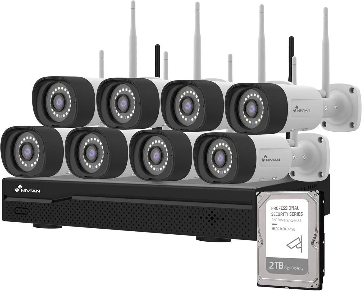 NIVIAN Überwachungskamera Überwachungskameras, 2 TB, mit WLAN, mit KI-Erkennung, Schwarz/Weiß