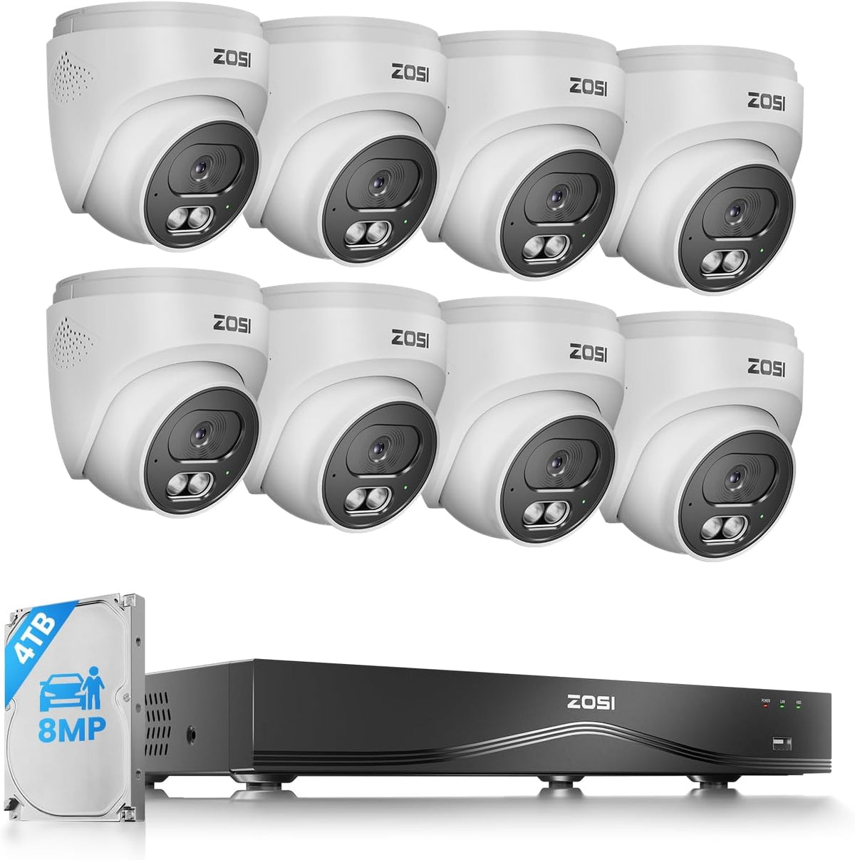 ZOSI C220 Überwachungskameras, 4 TB, 30 M, wasserdicht, mit KI-Erkennung, Weiß/Schwarz