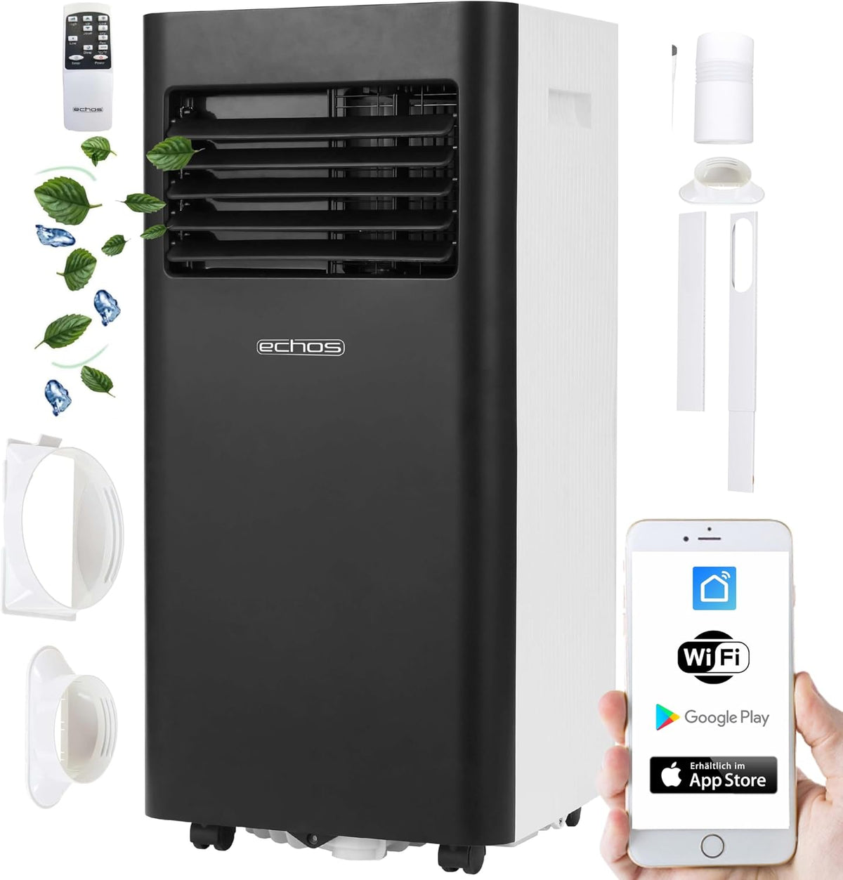 Echos Klimaanlage Air Klimaanlage, 9000 BTU, mit WLAN, mit Fernbedienung, mit Timer, Schwarz/Weiß