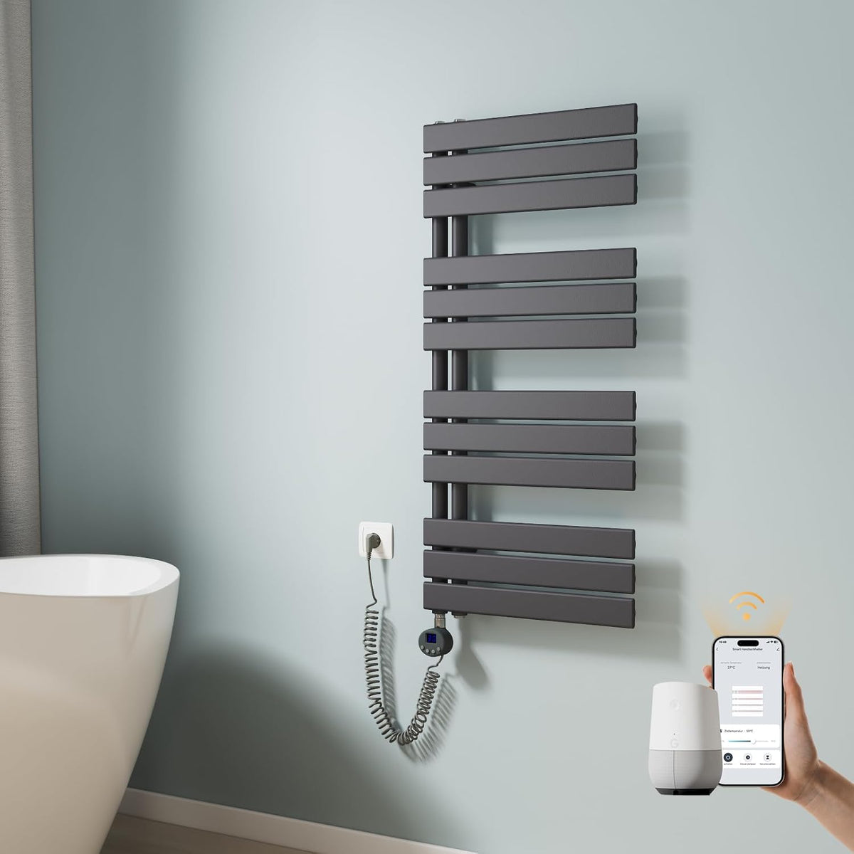 Heizkörper, 1041 × 500 mm, 600 W, mit WLAN, verstellbar, mit Timer, Anthrazit, EMKE