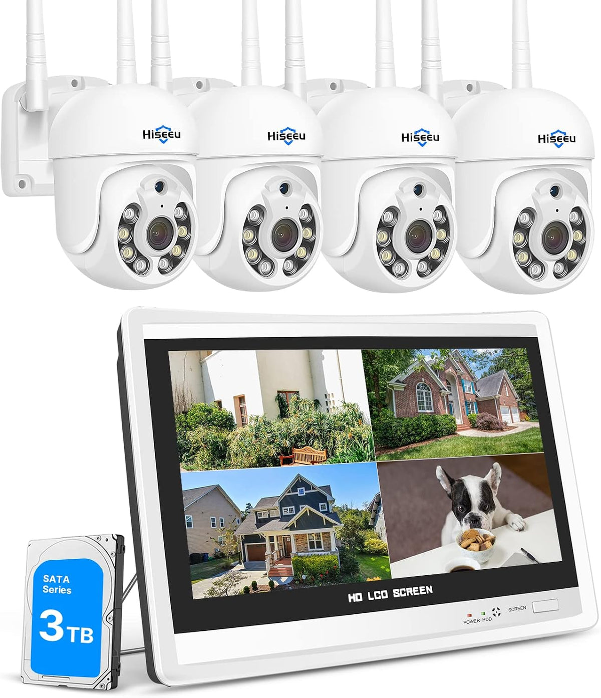 Hiseeu Überwachungs-NVR-Sets, 3 TB, mit WLAN, wasserdicht, kabellos, Weiß