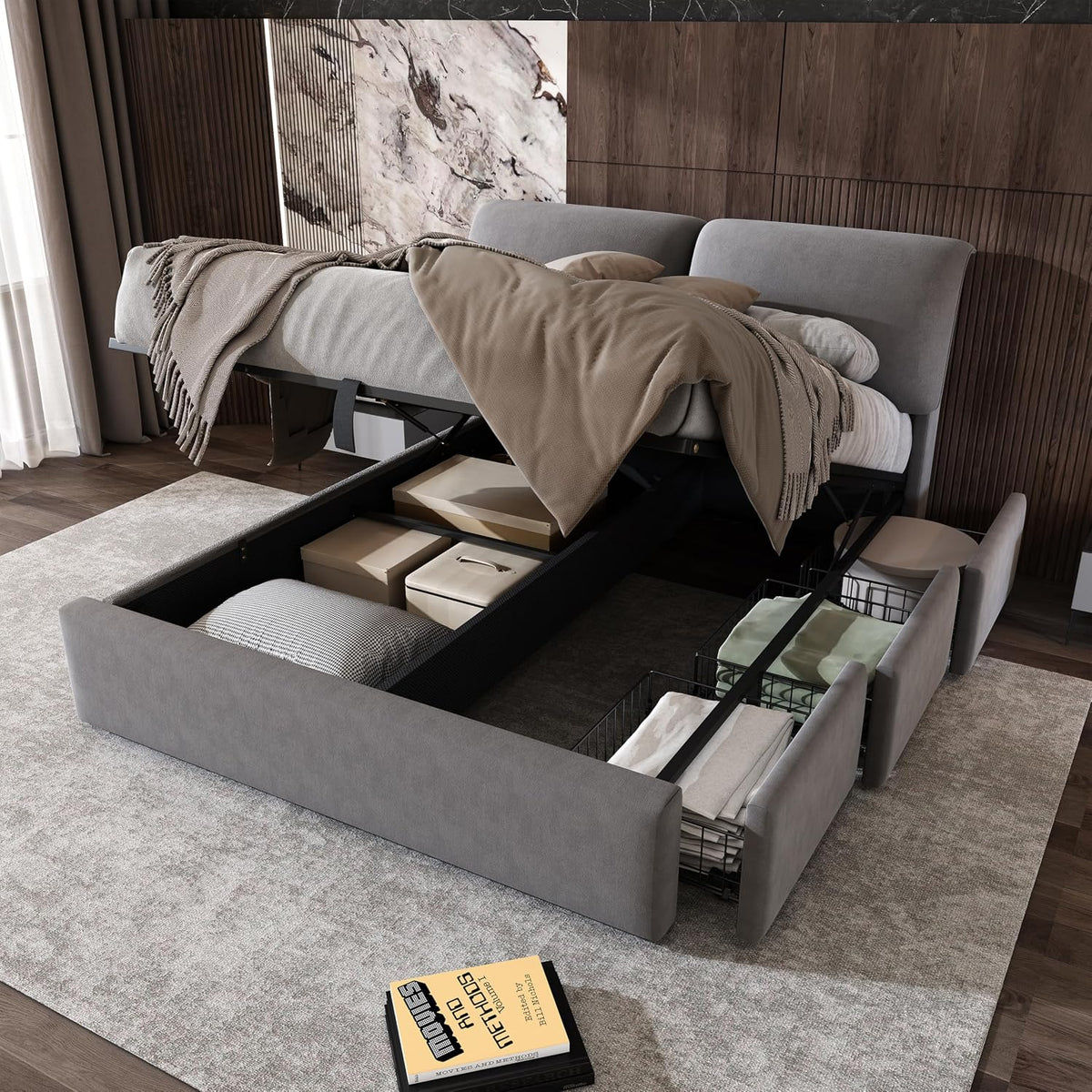 Bett, 140 × 200 cm, aus Metall, mit Stauraum, verstellbar, Grau, Oxtao