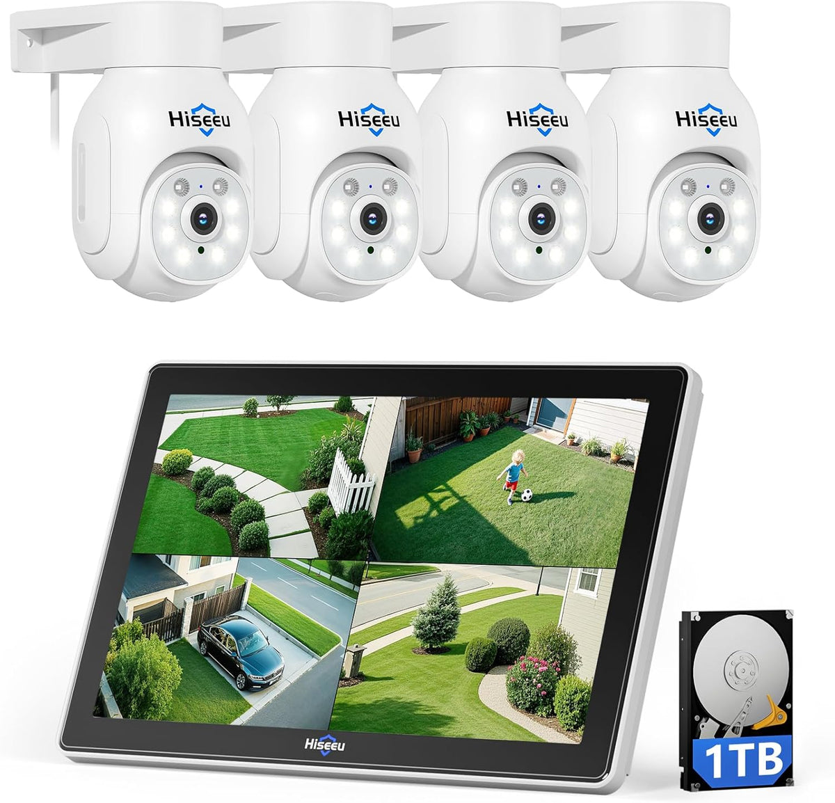 Hiseeu Überwachungs-NVR-Sets, 1 TB, mit WLAN, wasserdicht, kabellos, Weiß