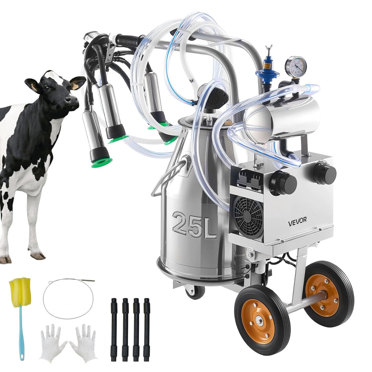 VEVOR Elektrische Melkmaschine Futteraufbewahrung, 25 L, aus Edelstahl und Stahl, verstellbar, Silber/Schwarz