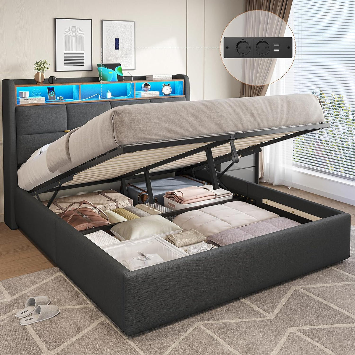 Bett, 160 × 200 cm, mit LED, mit USB, mit Stauraum, Dunkelgrau, DICTAC