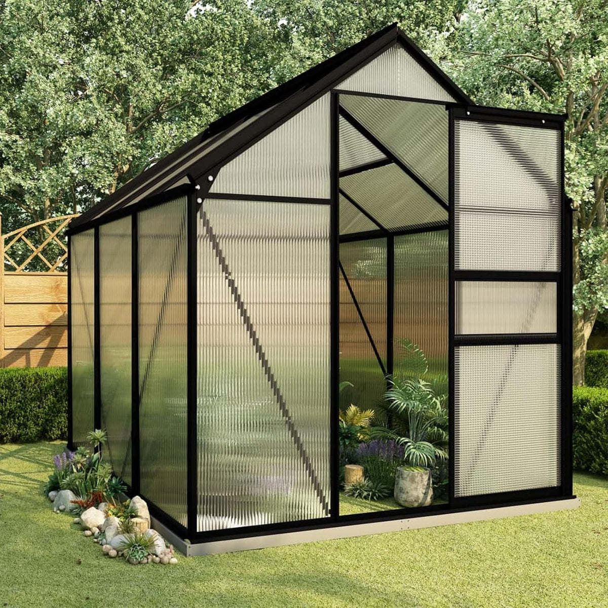 Gewächshaus, 190 × 190 × 202 cm, 3,61 m², aus Aluminium, Schwarz/Transparent