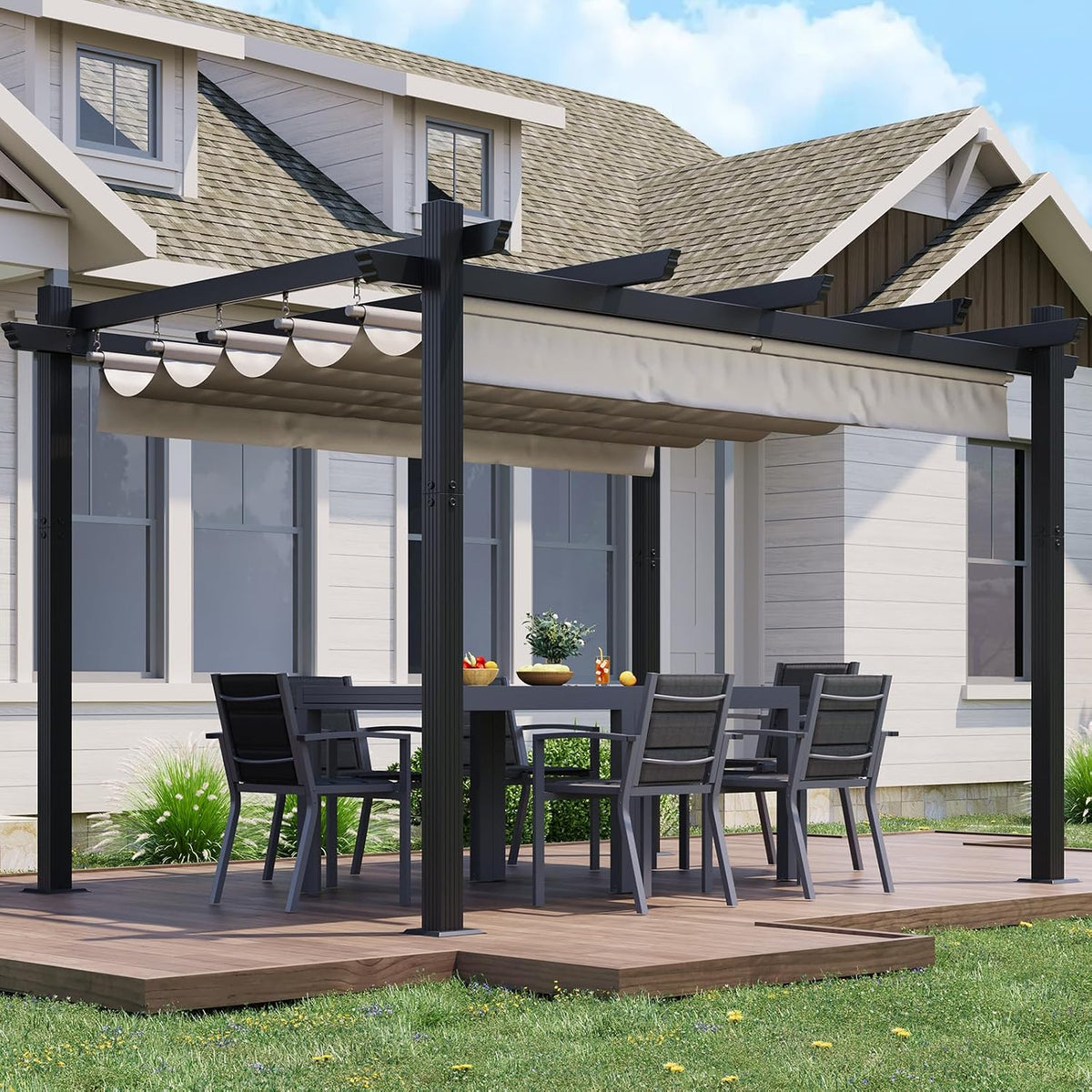 Pergola, mit Magnetverschluss, verstellbar, für die Terrasse, aus Aluminium, Schwarz/Beige, JUMMICO