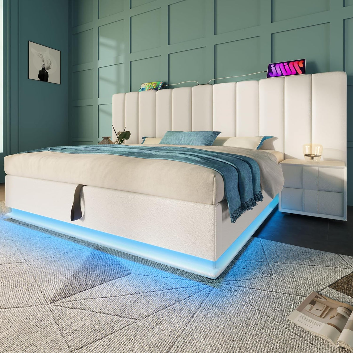 Bett Polsterbett 180×200cm, mit LED, mit USB, mit Stauraum, Weiß, Moimhear