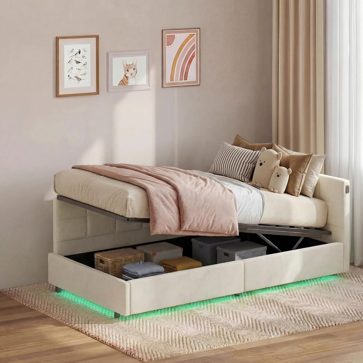 Sofa Samt-1, 90 × 200 cm, mit LED, mit USB, mit Stauraum, Beige, BLSYHDH