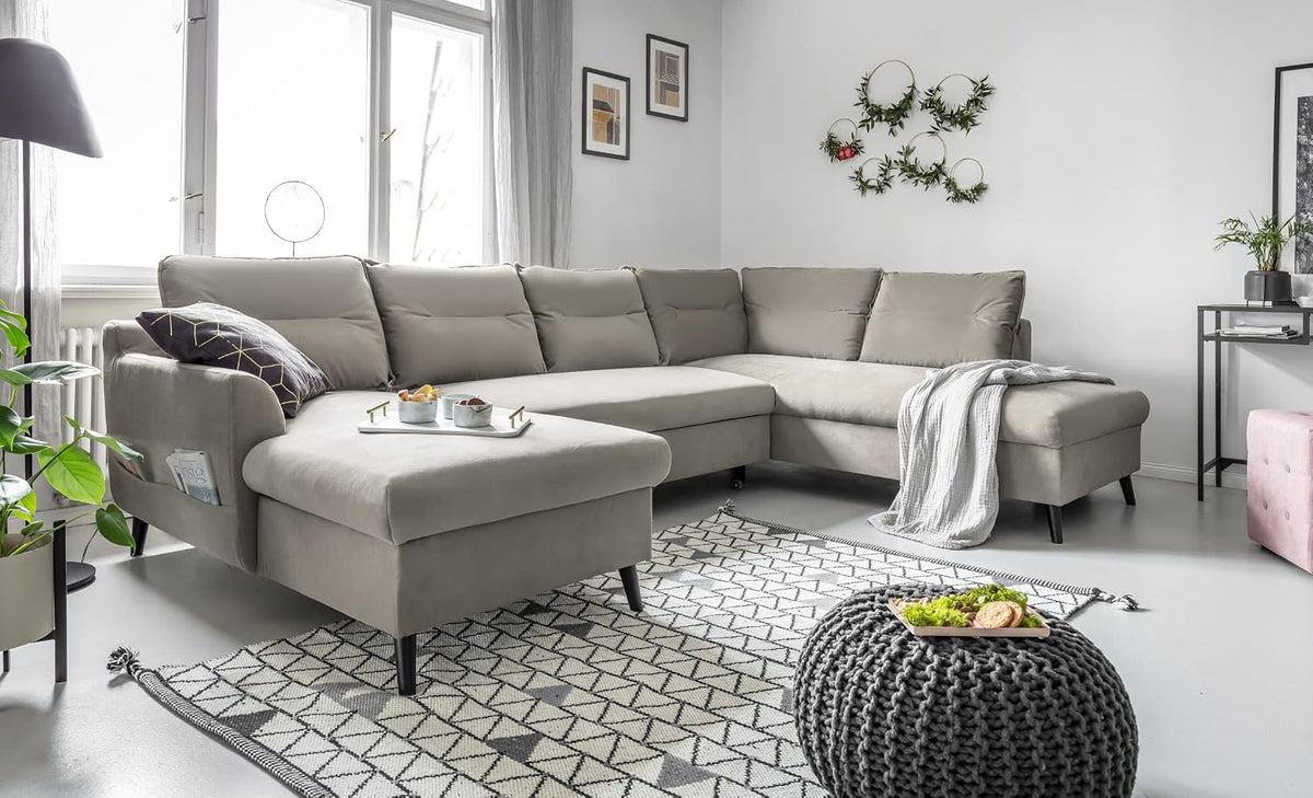 Sofa Ecksofa U, mit Fernbedienung, aus Stoff, für das Wohnzimmer, Beige, MIUFORM