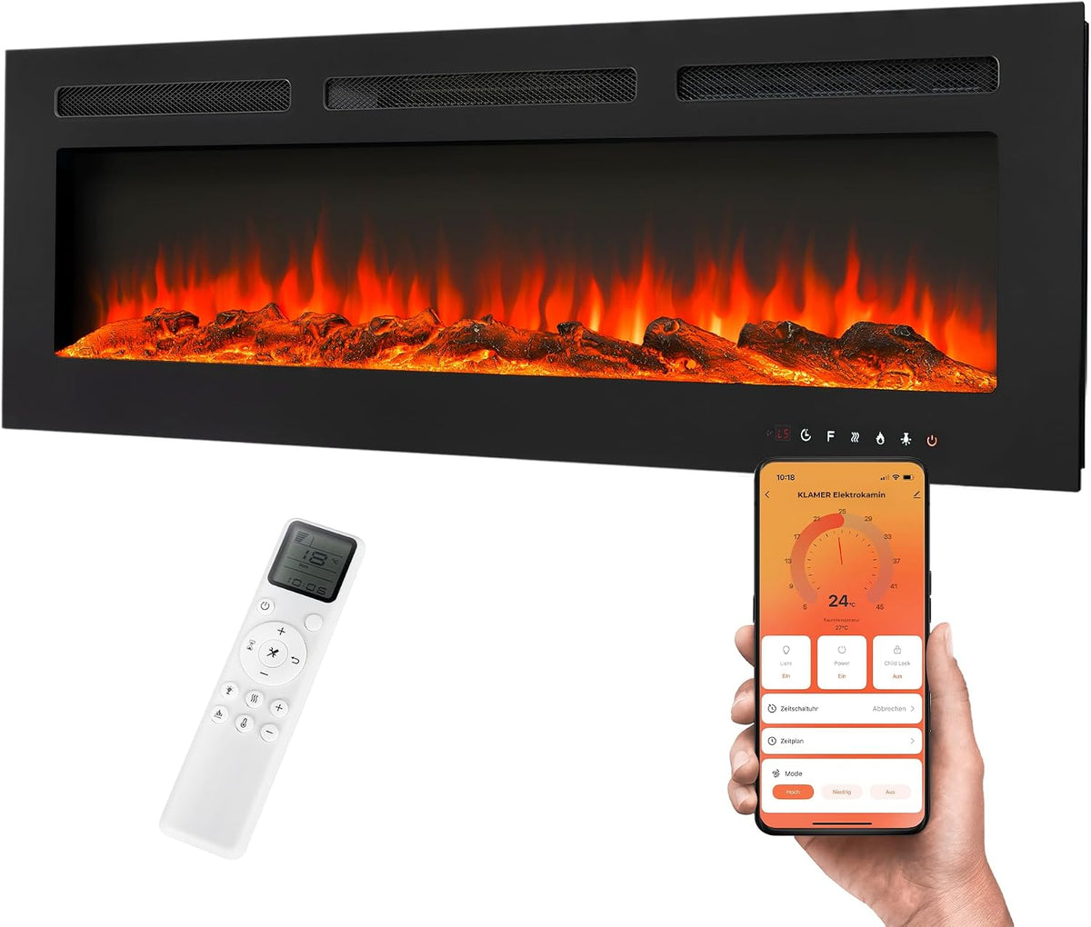 Elektrokamin, 18–30°C, 1800 W, 37 m², mit WLAN, mit Fernbedienung, mit Timer, Schwarz, KLAMER