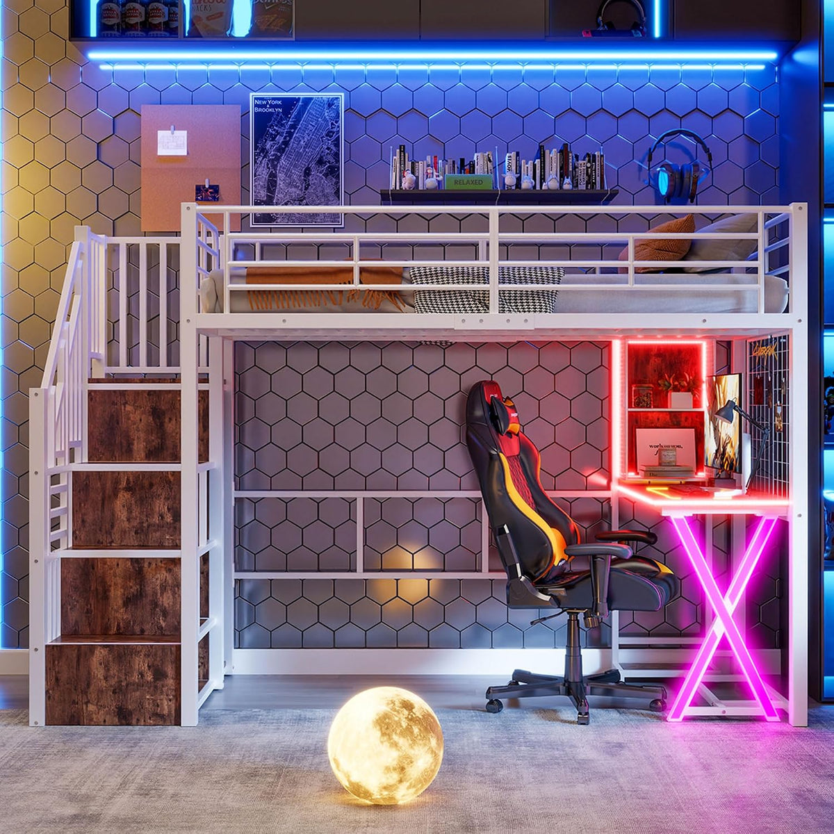 Matratze, 90 × 200 cm, mit LED, mit Stauraum, aus Metall, Weiß, Jovify