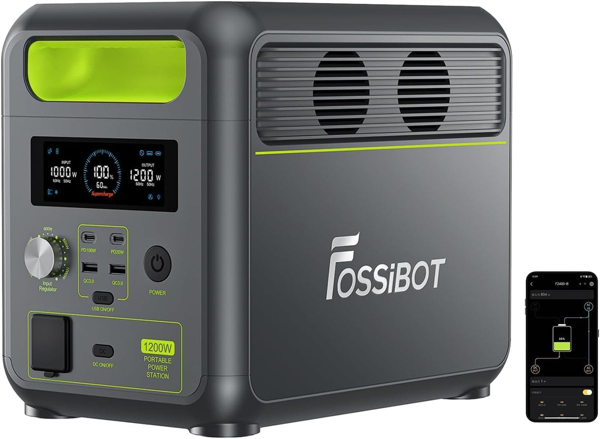 FOSSiBOT F1200 Stromerzeuger, 1200 W, 2400 W, 1024 Wh, verstellbar, mit USB, für Camping, Grau/Grün
