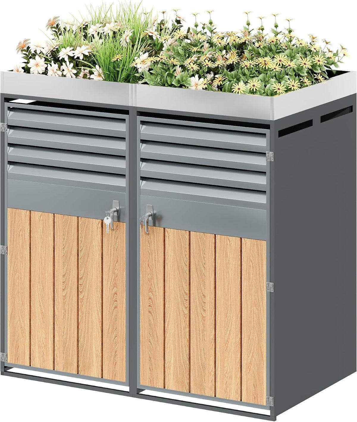 Mülltonnenbox, 120 L, 240 L, für den Garten, Grau/Holz, SOFTWEARY